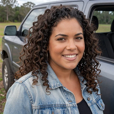 Monica, 39, a woman with curly hair in a denim jacket by a pickup truck in Florida, trucker dating profile