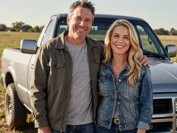 Robert and Karen, a trucker dating success couple by a pickup truck