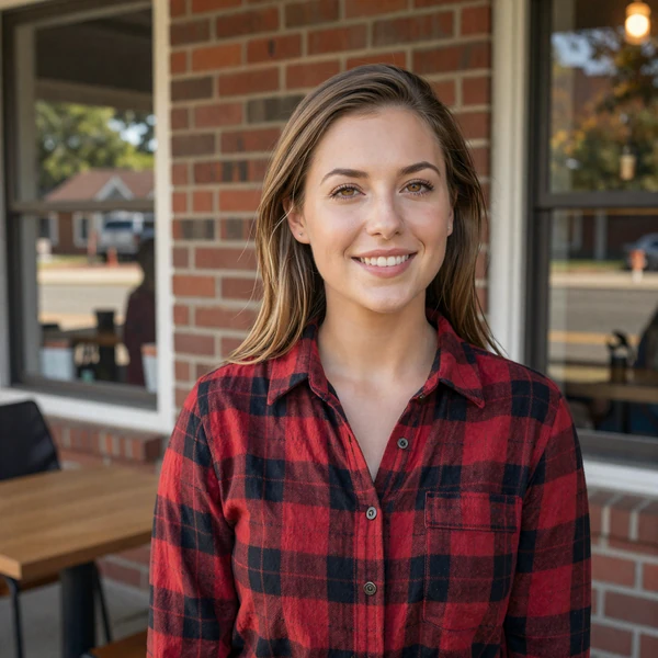 Amanda, 28, a woman in a flannel shirt smiling outside an Illinois cafe, trucker dating profile preview