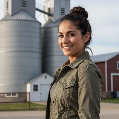 Nicole, 29, Latina woman in an olive jacket near a Kearney Nebraska grain elevator, verified trucker dating profile
