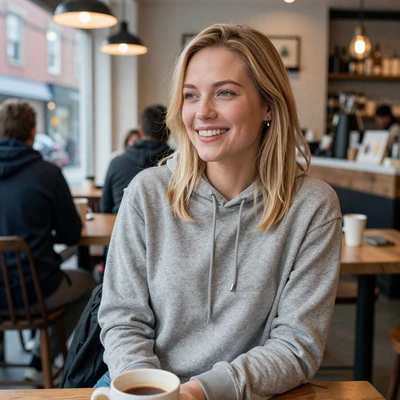 Ashley, a 28-year-old blonde woman in a hoodie at a New York coffee shop