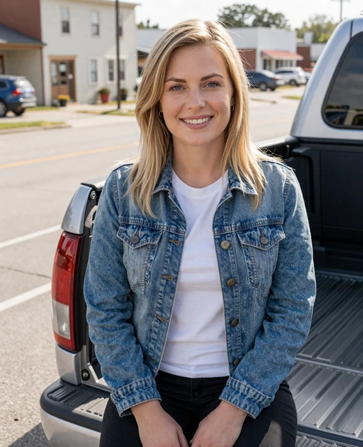 Woman relaxing on pickup truck steps illustrating niche trucker dating app advantages