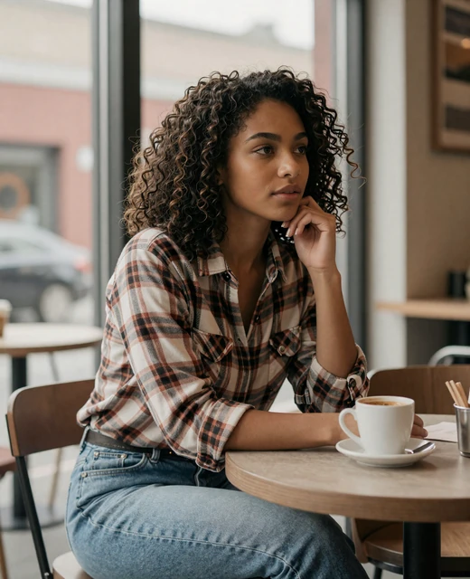 Woman at a coffee shop looking thoughtful for trucker dating scam avoidance tips