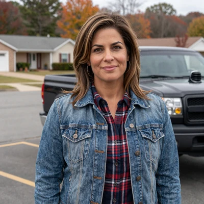 Diane, a 41-year-old woman with brown hair in a denim jacket by a truck