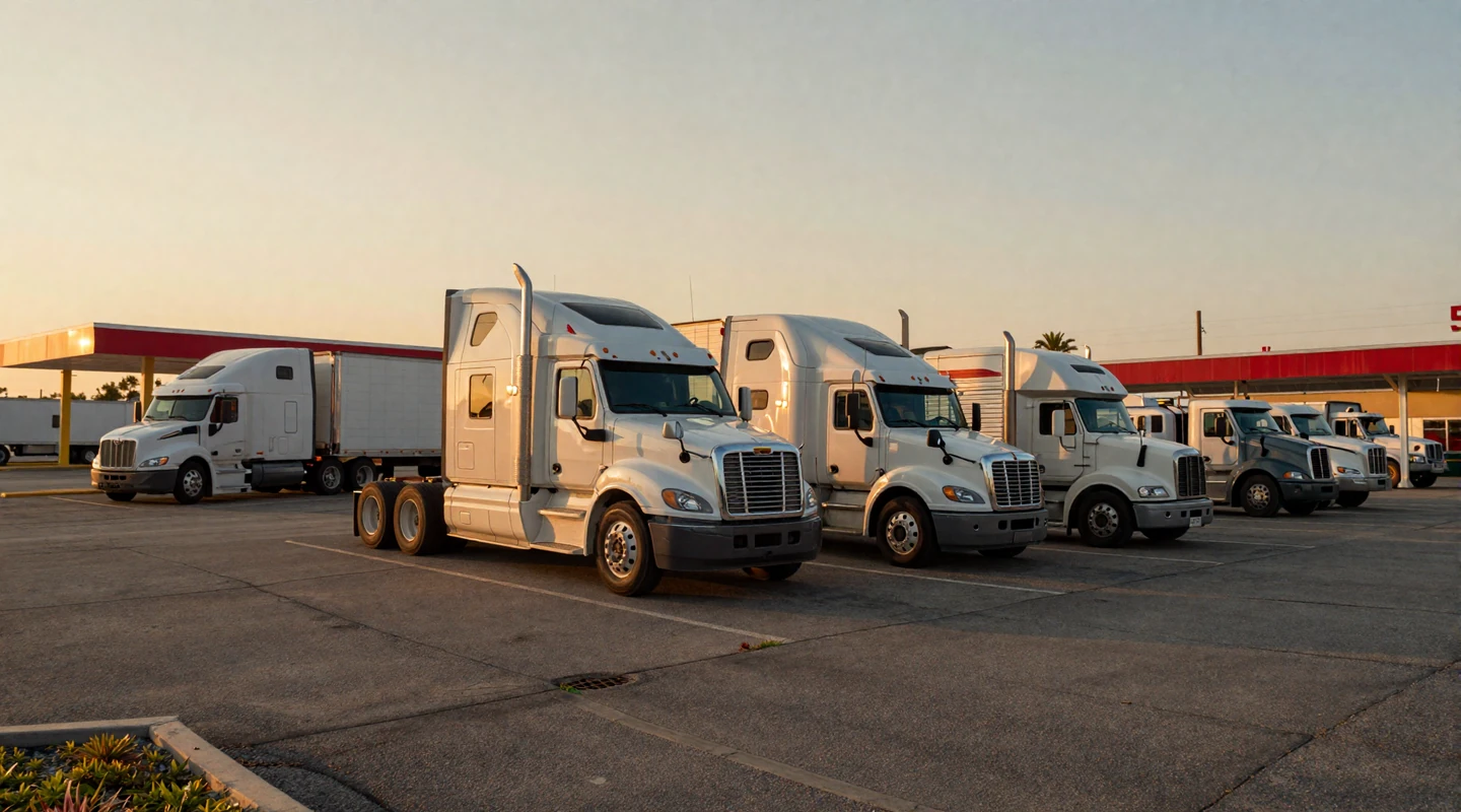 Truck stop parking lot at golden hour with rows of semi trucks parked for the night