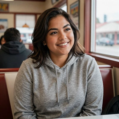 Nicole, 26, a woman with dark hair in a hoodie at a Wyoming diner, verified trucker dating profile