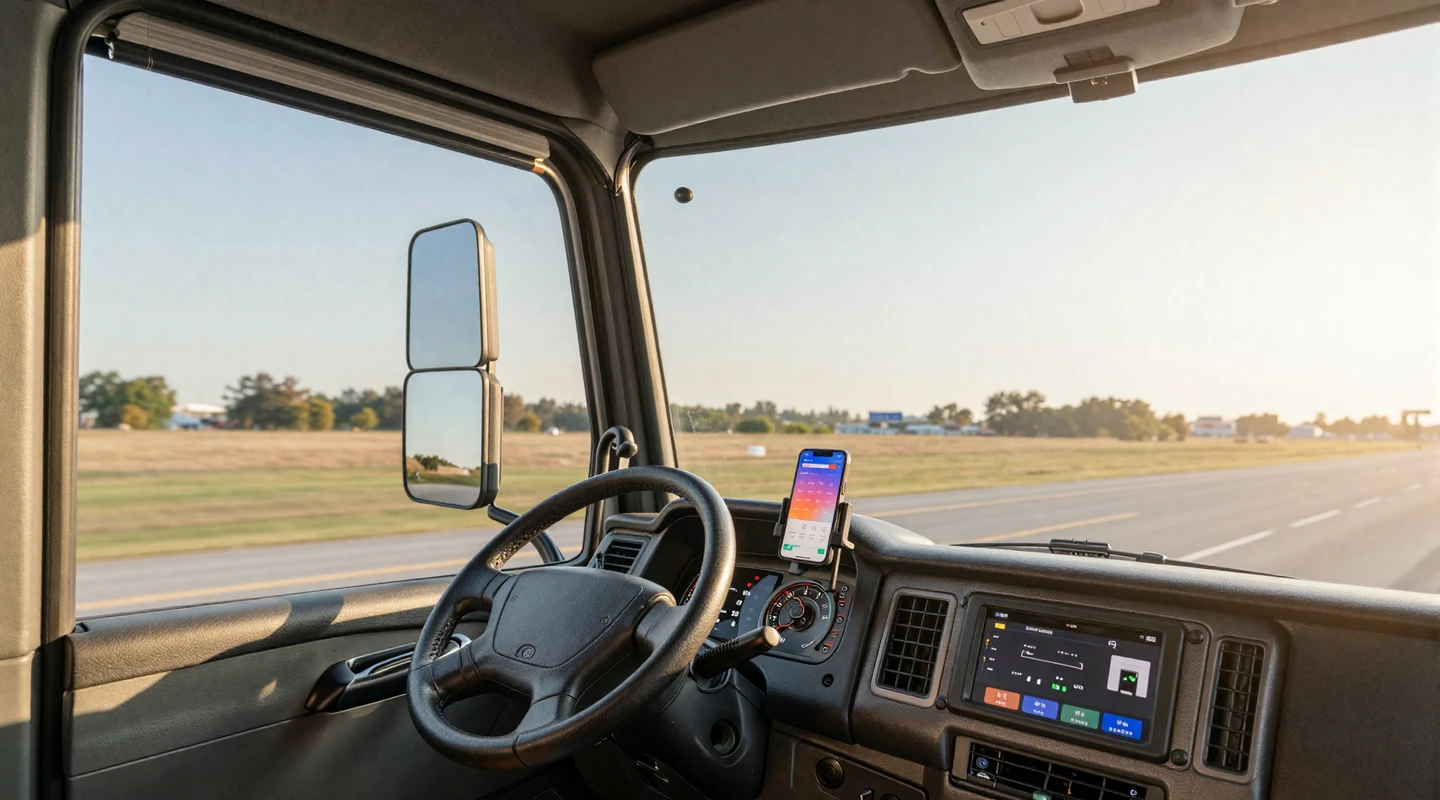 Semi-truck cab interior with a phone mounted on the dash for the best dating apps for CDL drivers review