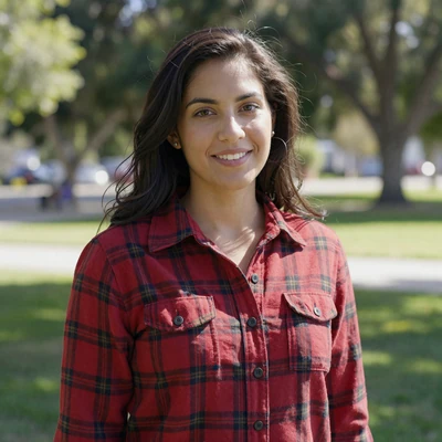 Emily, a 27-year-old brunette woman in a flannel shirt at a Los Angeles park, natural daylight portrait
