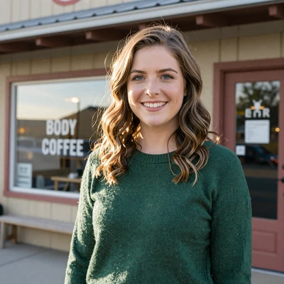 Megan, 29, a woman with light brown hair in a green sweater outside a Rock Springs Wyoming coffee shop, trucker dating profile