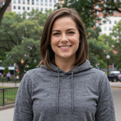 Destiny, a 26-year-old brunette woman in a hoodie at a Houston city park