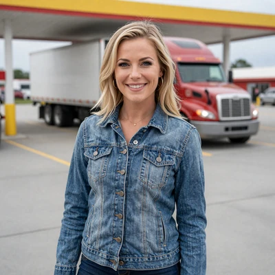 Kayla, 32, a blonde woman in a denim jacket at an Illinois truck stop, verified trucker dating profile