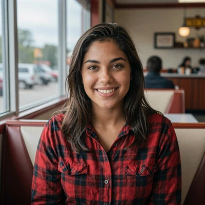 Kayla, 28, a brunette woman in a flannel shirt at an Ohio diner, verified trucker dating profile