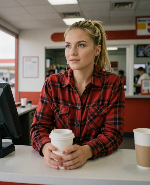 Woman holding a coffee cup at a truck stop diner representing the challenges of dating apps for truck drivers