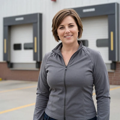 Danielle, 38, a brunette woman in a jacket near an Illinois loading dock, trucker dating profile