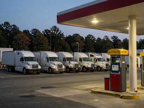 Truck stop on Interstate 75 in Georgia at dusk, a common meeting point for trucker dating connections