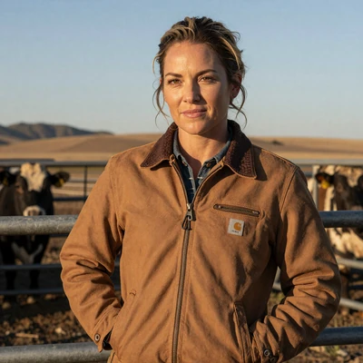Katelyn, 37, a woman in a Carhartt jacket near a Wyoming ranch fence, verified trucker dating profile