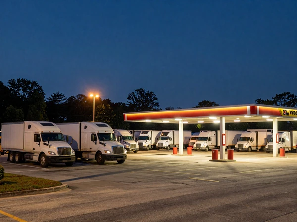 Houston-area truck stop at night with semi trucks parked in rows under warm lights