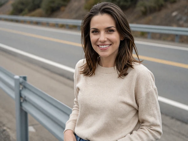 Rachel, a 30-year-old woman leaning on a highway guardrail, representing women who date truck drivers by state