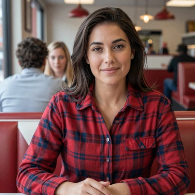 Daniela, a 33-year-old brunette woman in a flannel shirt at a New York diner