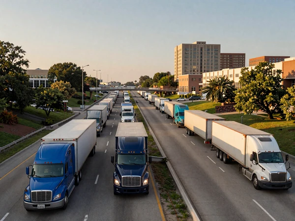 Dallas-Fort Worth interstate corridor with semi trucks at golden hour