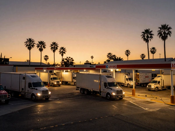 Los Angeles truck stop at dusk with semi trucks parked under warm lights and palm trees silhouetted against an orange sunset