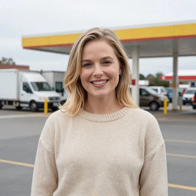 Hannah, 32, a blonde woman in a sweater at an Ohio truck stop, verified trucker dating profile