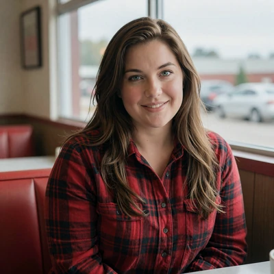Rachel, 32, brunette woman in a flannel shirt at a Grand Island Nebraska diner, verified trucker dating profile