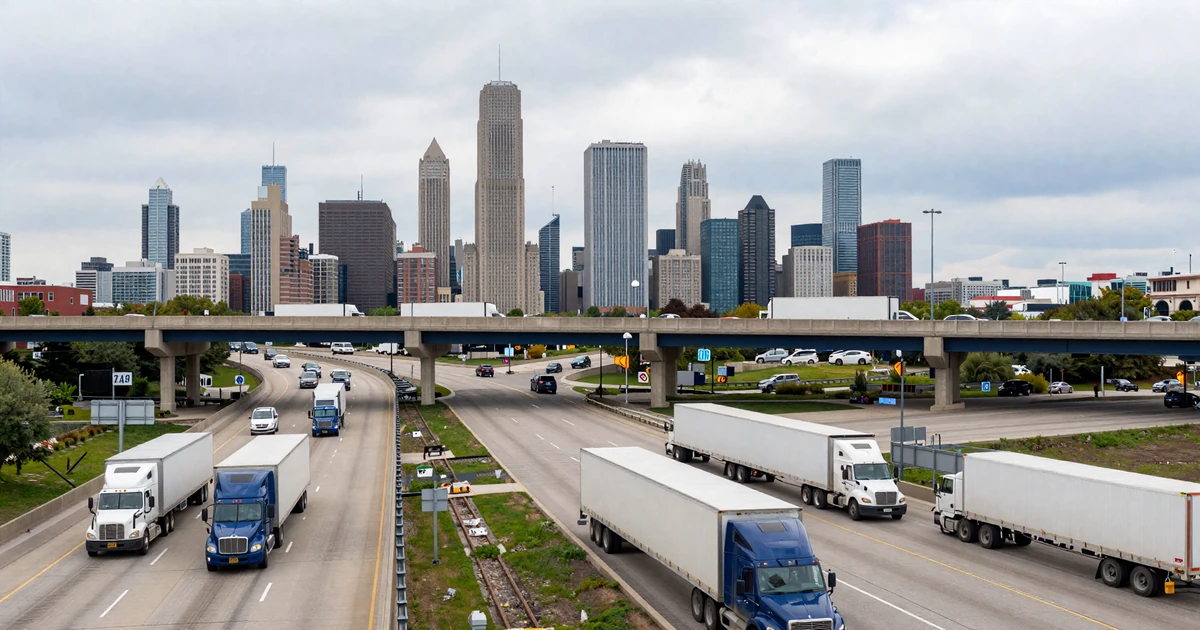 Chicago interstate interchange with semi trucks on I-90 and I-94 under an overcast sky