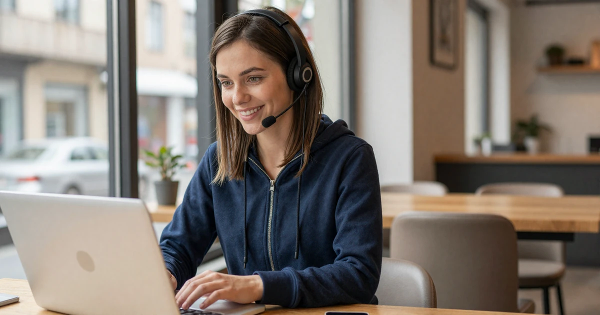 JourneyMatch support team member wearing a headset at a cafe, representing trucker dating support