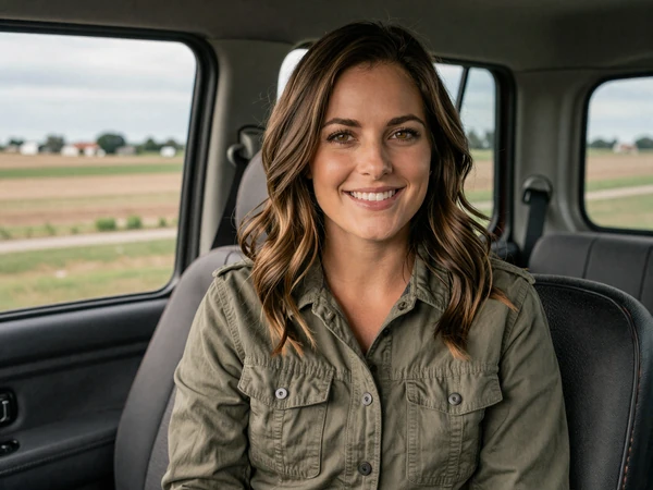 Woman sitting in a pickup truck cab in rural Iowa, candid portrait for trucker dating in Iowa