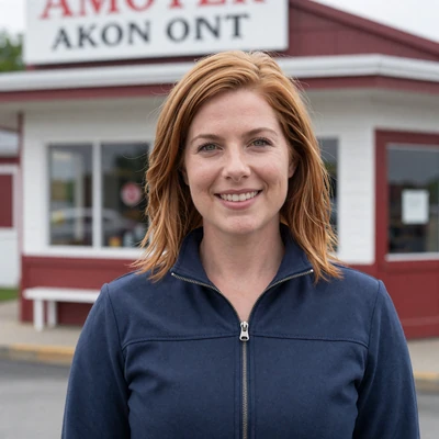 Amanda, 38, a woman with auburn hair in a navy jacket outside an Akron diner, Ohio trucker dating profile