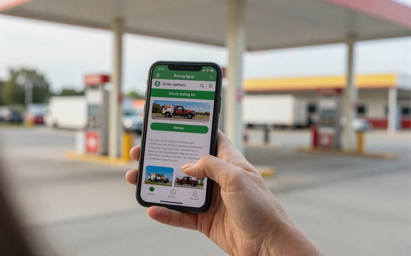 Hand holding a smartphone with a trucker chat app at a fuel stop illustrating one-handed interaction design