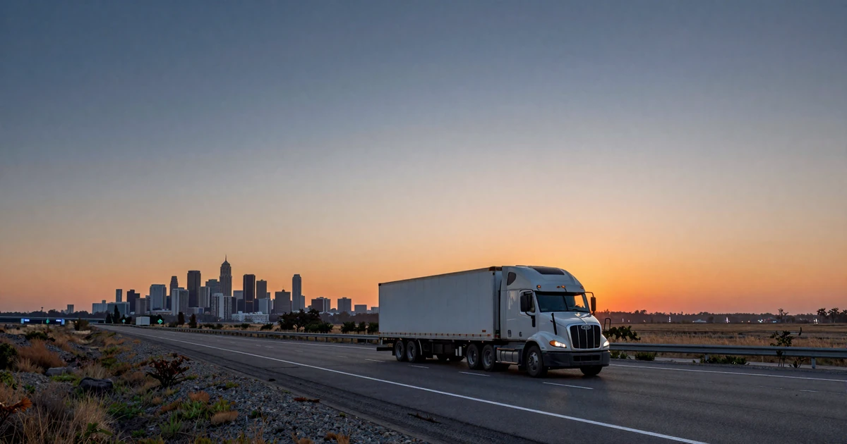 Semi-truck driving on an interstate highway at dusk, representing the trucker dating lifestyle