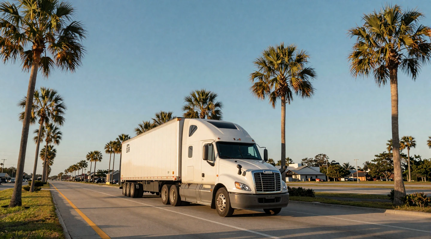 Semi-truck driving on Interstate 95 through Florida with palm trees at golden hour
