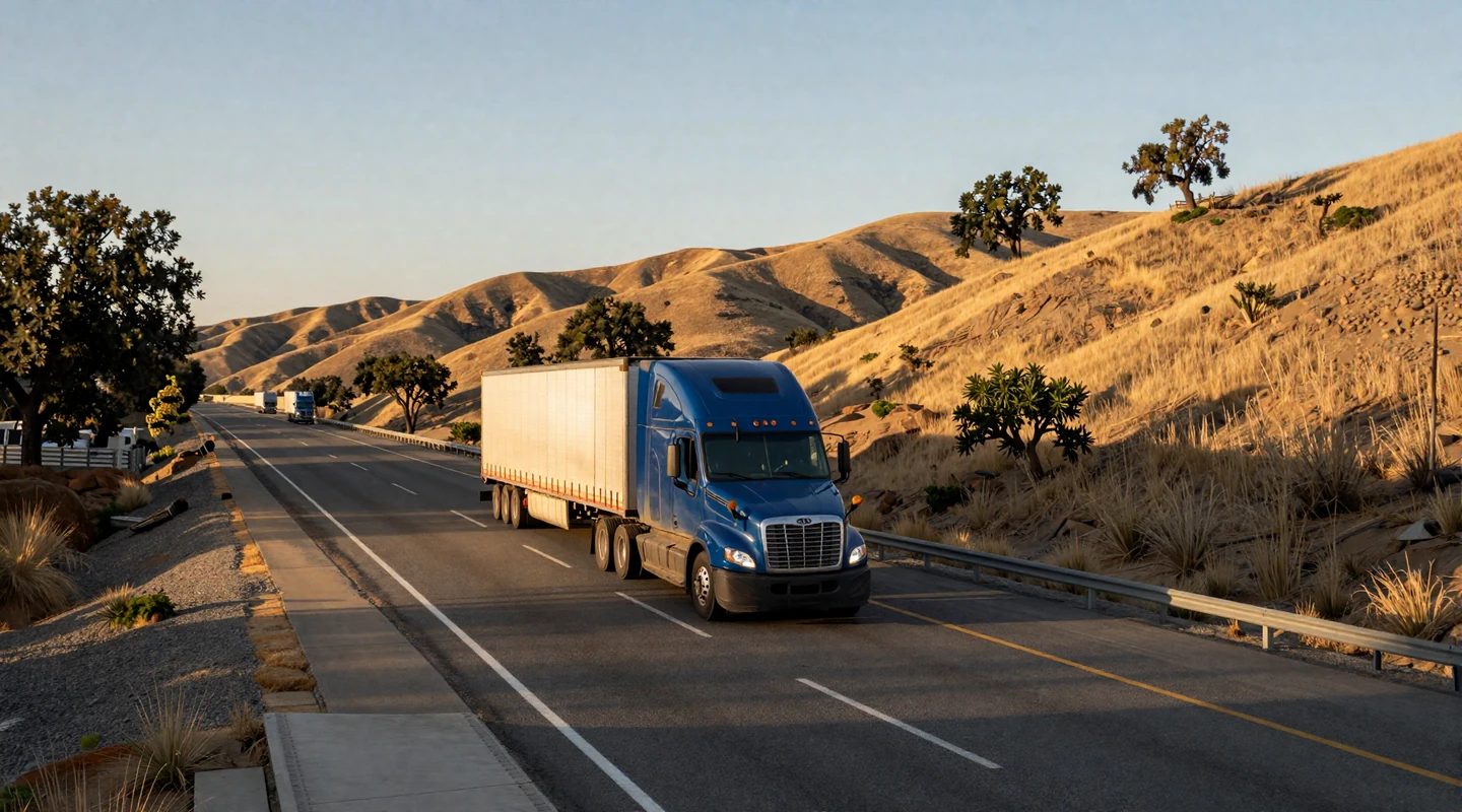 Semi-truck driving on Interstate 5 through California's Central Valley at golden hour