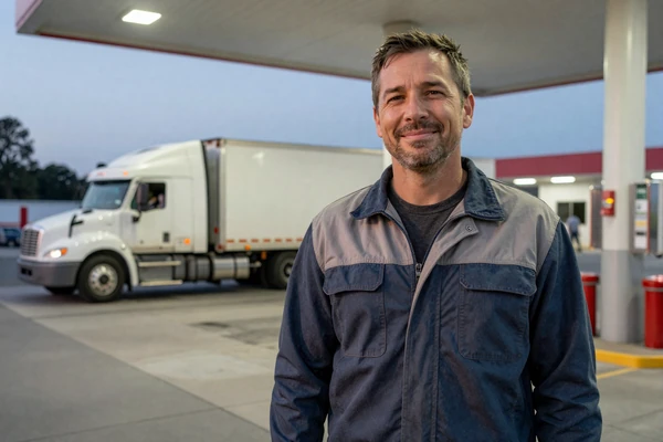 An owner-operator recording a video testimonial at a truck stop about finding love through trucker dating