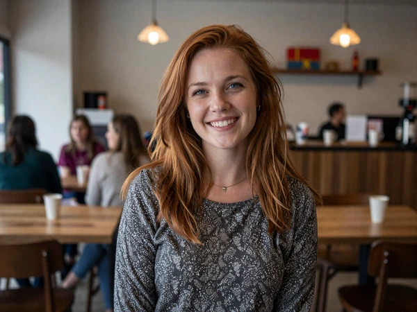 Woman with auburn hair smiling in a Texas cafe, representing a trucker dating success story