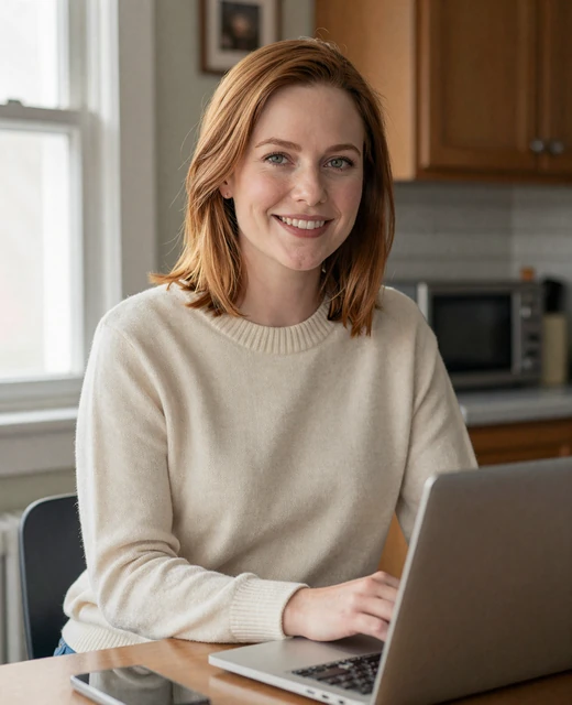 Woman smiling during a video call at home, representing trucker wife life and long-haul relationship communication