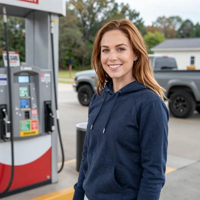 Crystal, 31, a woman with auburn hair in a hoodie at a Conway Arkansas gas station, trucker dating profile