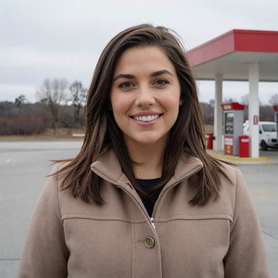 Lauren, 29, a brunette woman in a winter coat at a Pennsylvania rest stop, verified trucker dating profile