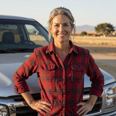 Diane, 41, a woman with gray hair in a flannel shirt by a pickup truck, California trucker dating profile