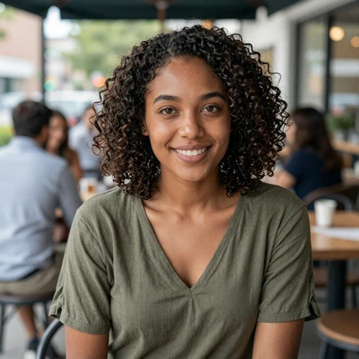 Ashley, a 32-year-old blonde woman in a denim jacket at a Houston diner