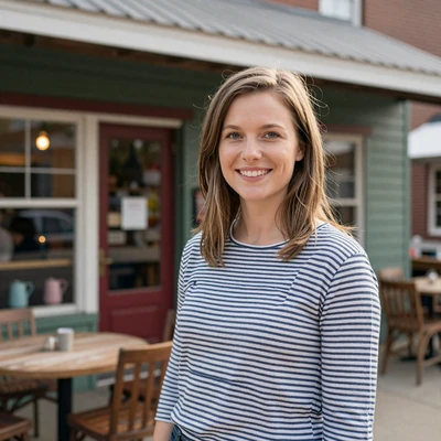 Beth, 30, a woman with light brown hair outside an Ames Iowa cafe, trucker dating profile