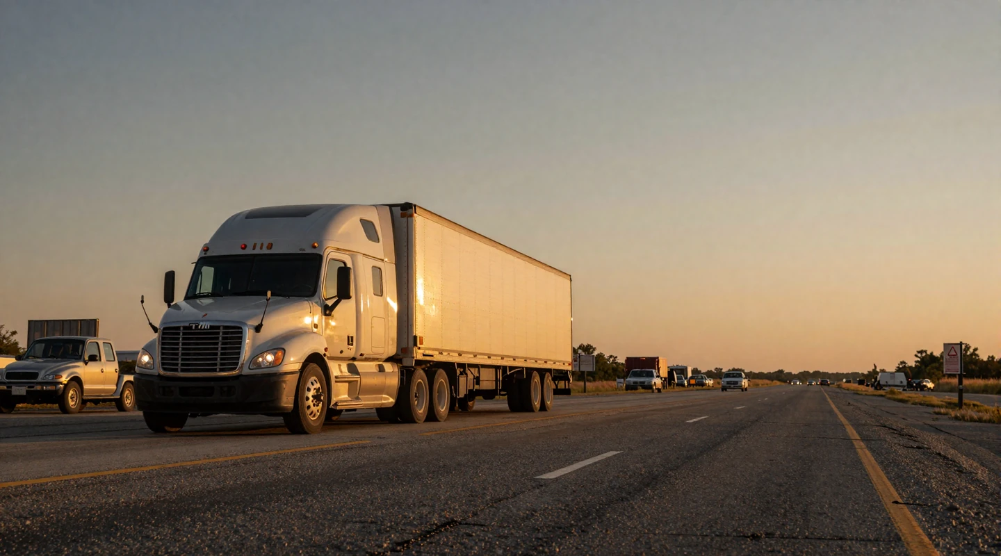 Texas interstate highway at dusk with a semi-truck, warm tones representing trucker dating in Texas