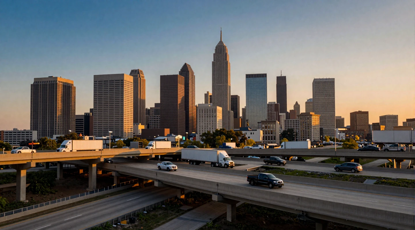 City skyline at dusk with highway interchange in foreground for trucker dating by city