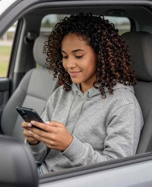 Woman looking at her phone in a pickup truck representing the Road Activity Feed for trucker social networking