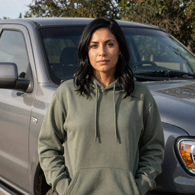 Tasha, a 38-year-old woman with black hair in a hoodie by a pickup truck in Dallas