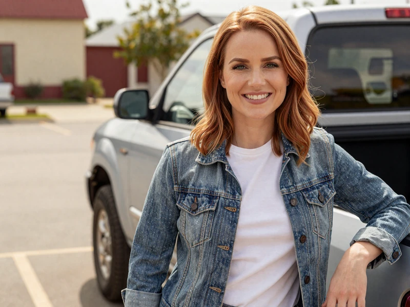 Woman in a denim jacket smiling near a pickup truck for trucker dating profile tips