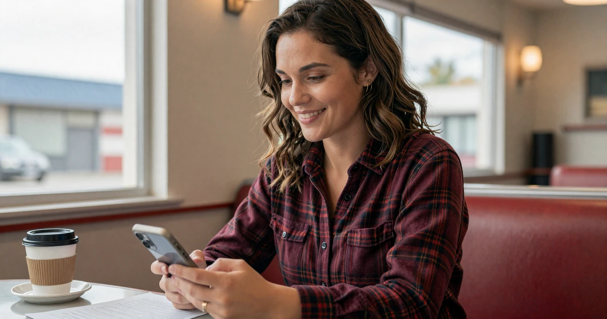 Woman reviewing terms and conditions on her phone at a diner counter, representing JourneyMatch trucker dating platform rules