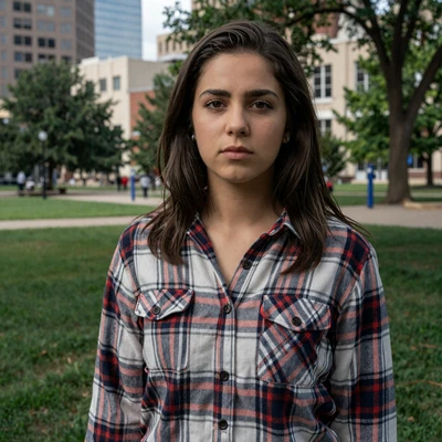Megan, a 32-year-old brunette woman in a flannel at a Dallas city park